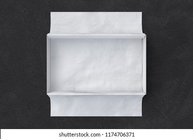 Opened White Shoe Box Container Without Cover On Black Background With Wrapping Paper. Packaging Mockup. 3d Illustration