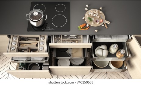 Opened wooden kitchen drawer with accessories inside, solution for kitchen storage and organizing, cooking, modern interior design, 3d illustration