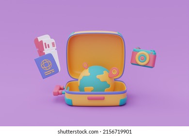 Opened Yellow Suitcase With Globe,camera,passport And Tickets.Tourism And Travel Plan To Trip,Time To Travel, Holiday Vacation,3d Rendering
