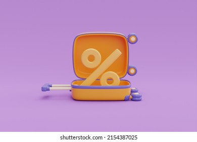 Opened Yellow Suitcase On Purple Background,sales And Discounts Of Airline Tickets,holiday Vacation,Time To Travel,3d Rendering