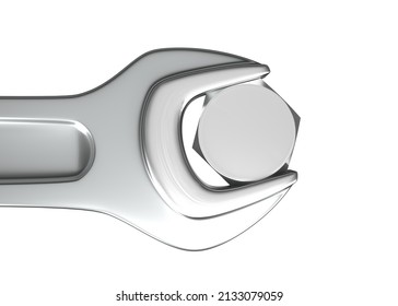 Open-end wrench with hex bolt isolated on a white background. Big plan. Top view. Mechanical topics. 3d rendering Illustration