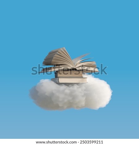 Opening Book put on cloud  isolate on blue sky background. 3D Rendering. Minimal Creative Education idea concept.