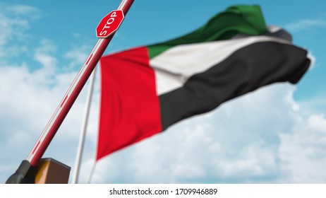 Opening Boom Barrier With Stop Sign Against The UAE Flag. Free Border Crossing Or Lifting A Ban. 3D Rendering