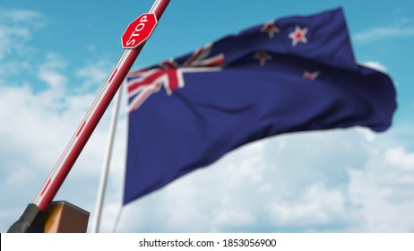 Opening Boom Barrier With Stop Sign Against The Flag. Free Border Crossing Or Lifting A Ban In New Zealand.  3D Rendering