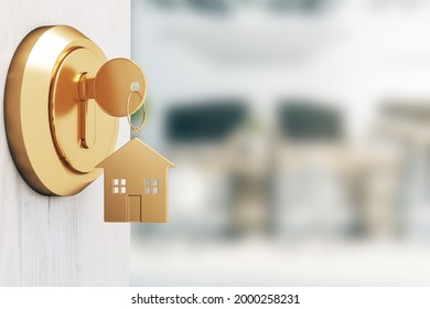 Opening door with golden house key chain on blurry interior background and mock up place for your advertisement. Home purchase concept. 3D Rendering - Powered by Shutterstock