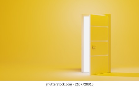 Opening Door With White Light, Isolated On Yellow Background, Front View. Creative Illustration Interior Door In Empty Room, 3d Render Entrance Doorway. Modern Minimal Concept. Opportunity Metaphor