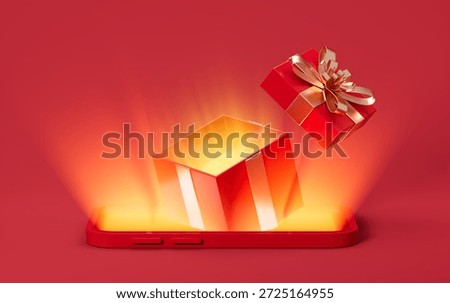 Opening gift box with red background. Holiday gift. Valentines Gift. Holiday sales promotion and so on, 3d rendering. 3d illustration.