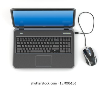 Opening laptop and computer mouse on white isolated background. 3d