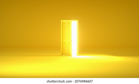 Opening yellow door with frame. On yellow background. Original 3D illustration design.