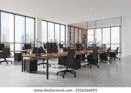 Open-plan office with multiple desks, computers, and chairs. Modern design with large windows and city skyline as background. Concept of workspace. 3D Rendering