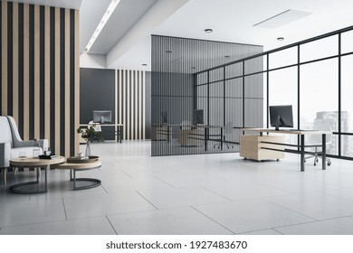 Openspace office interior design with wooden wall and tables, waiting area, tails floor and big window with city view. 3D rendering