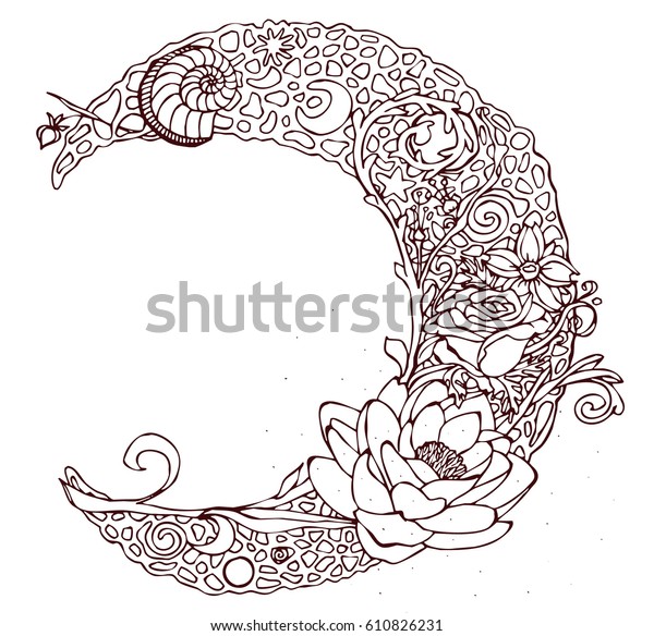 Openwork Moon Flowers Shell Zentangle Style のイラスト素材
