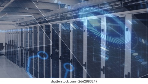 Operating glass-fronted server cabinets processing data in data center, with holographic graphics. Technology, cybersecurity, networking, digital, innovation, automation, industrial