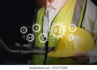 Operational process concept, worker holding safety helmet with digital gear icons, workflow system structure, efficiency improvement, organizational management clarity.