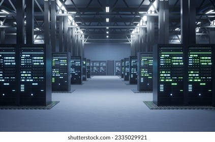 Operational server clusters in computer network security data storage facility. Mainframes providing processing power and memory resources for tedious workloads, 3D render animation. 3D Illustration - Powered by Shutterstock