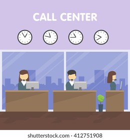 Operators call center in their workplace communicate by computer with clients. On the wall hangs a clock with world time. Behind the large window with a silhouette of city. Bitmap illustration.