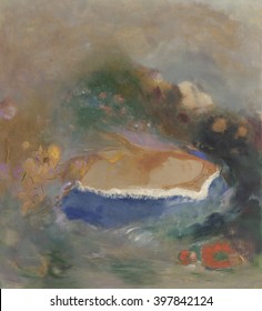 Ophelia, The Blue Cloak On The Waters, By Odilon Redon, 1900-05, French Painting, Oil On Paper. Dead Ophelia, A Tragic Character In Shakespeare's 'Hamlet', Floating With Eyes Closed Among Flowers In T