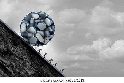 Opioid crisis and prescription painkiller addiction epidemic concept as a group of people running away from dangerous pills as a medical addict problem with 3D illustration elements.