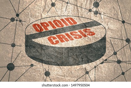 Opioid Crisis Text On Pill. Unhealthy Addiction Metaphor. Molecule And Communication Background. Connected Lines With Dots.