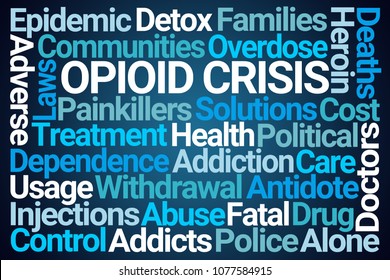 Opioid Crisis Word Cloud On Blue Background