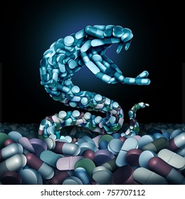 Opioids And Opioid Health Risk And Medical Crisis With A Prescription Painkiller Addiction Epidemic Concept As A Group Pills Shaped As A Snake With 3D Illustration.