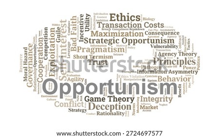 Opportunism Word Cloud. A visual summary of key terms regarding strategic self-interest, guile, and ethical dilemmas in economics, biology, and political science.