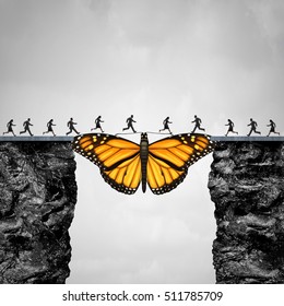 Opportunity and transition concept or migration as a butterfly acting as a bridge between two cliffs for people to go to their journey as a symbol for hope and faith with 3D illustration elements.