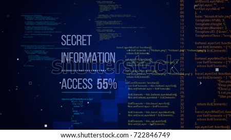 Optical illusion 3d rendering of hackers code with a message Secret Information Access 55% put directly. The background is a dark blue with numerous columns of yellow digits and letters 