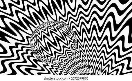 Optical illusion. Abstract hypnotic pattern with black-white striped lines. Psychedelic background. Modern design. Graphic texture. 3D render.