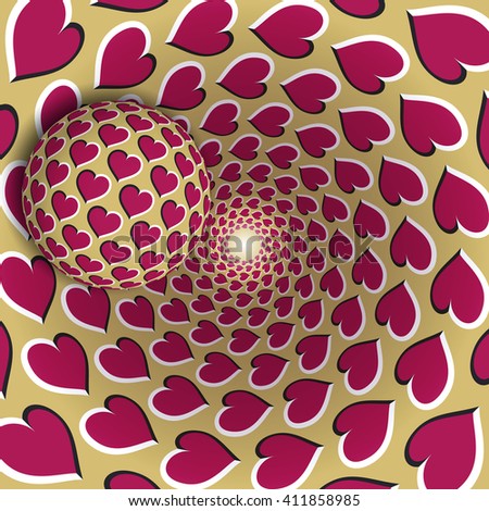 Optical illusion bitmap illustration. A ball with a hearts pattern is moving on rotating pink hearts golden funnel. Abstract fantasy in a surreal style.