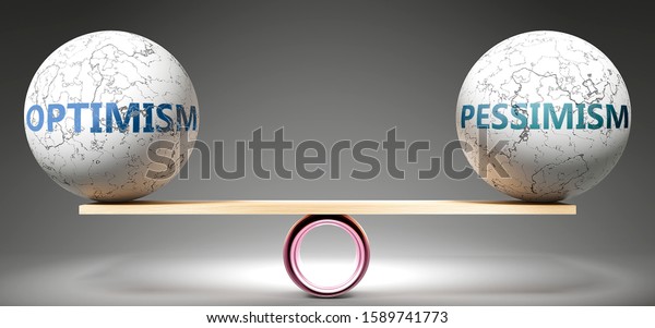 Optimism and\
pessimism in balance - pictured as balanced balls on scale that\
symbolize harmony and equity between Optimism and pessimism that is\
good and beneficial., 3d\
illustration
