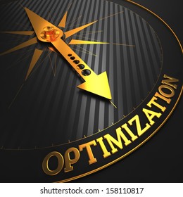 Optimization - Business Concept. Golden Compass Needle on a Black Field Pointing to the Word "Optimization". 3D Render.