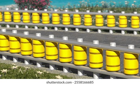 Optimize road construction and safety scenes with this array of reflective-striped safety barrels traditionally used for traffic control and roadway delineation.