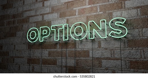 OPTIONS - Glowing Neon Sign on stonework wall - 3D rendered royalty free stock illustration.  Can be used for online banner ads and direct mailers.