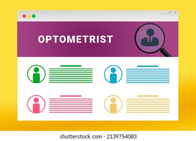 Optometrist Logo In Header Of Site. Optometrist Text On Job Search Site. Online With Optometrist Resume. Jobs In Browser Window. Internet Job Search Concept. Employee Recruiting Metaphor