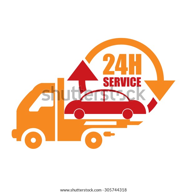 Orange 24H Tow Car Service Infographics Flat\
Icon, Sign Isolated on White\
Background