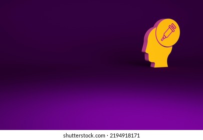 Orange Addiction To The Drug Icon Isolated On Purple Background. Heroin, Narcotic, Addiction, Illegal. Sick Junkie With A Syringe And Medical Pills. Minimalism Concept. 3d Illustration 3D Render.