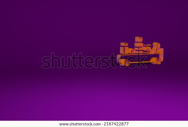 Orange Airport luggage towing truck icon\
isolated on purple background. Airport luggage delivery car.\
Minimalism concept. 3d illustration 3D\
render.