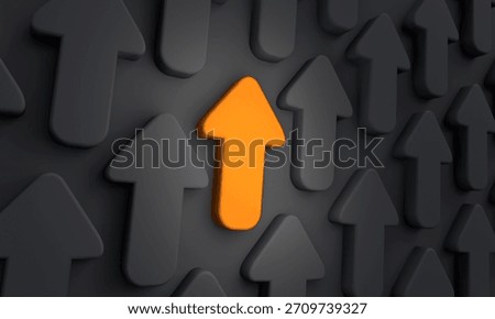 Orange arrow points upward surrounded be black arrows, same direction. Direction, decision, creative, arrow symbol, move up. 