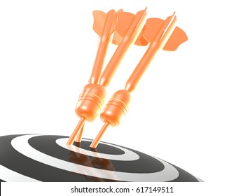 Orange Arrows On The Target, White Background, 3D Illustration.