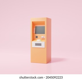 Orange atm automatic deposit machine icon on pink background Money transfer account concept. cartoon minimal. 3d render illustration