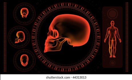 Orange Background with Skull and Man Body in Medical Scanner (Skull 10). Great for all science, hi-tech, medical or technology concepts.