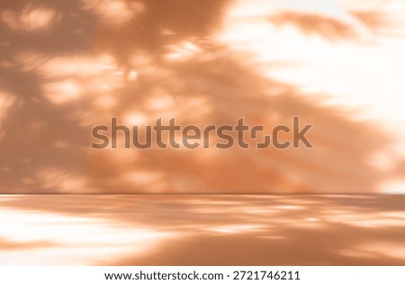 Orange background wall gradient color studio room solid podium with shadow leaf on floor, backdrop summer tropical autumn season, stage template platform for presentation product promotion