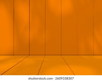 Orange background wall gradient studio room solid podium with shadow line on floor, backdrop summer tropical autumn season, stage template platform for presentation product promotion.