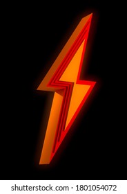 Orange Beveled Lightening Bolt Sign Isolated On Black Background. Electricity And Power Symbol. 3D Render Illustration