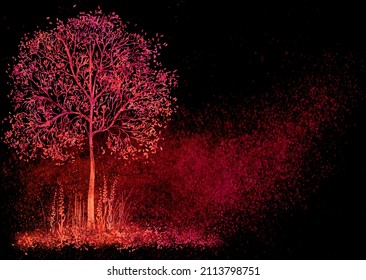 Orange black red background with blur, gradient, splatter, brush strokes and watercolor texture. Painted landscape with tree, flowers and herbs. Space for graphic design, text and creative ideas.