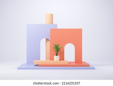 Orange And Blue Podium With Arch And Column, Plant In Pot. Colorful Background For Product Presentation, Advertising Goods. Mock Up Copy Space, 3D Rendering