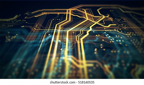 Orange and blue technology background circuit board and html code. 3D Rendering