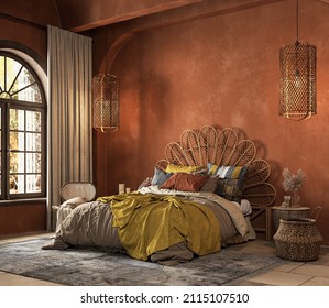 Orange Boho Style Bedroom Interior With Armchair, Dresser And Decor. 3d Render Illustration Mockup.