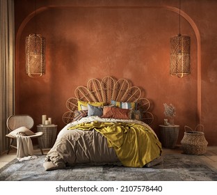 Orange Boho Style Interior With Armchair, Dresser And Decor. 3d Render Illustration Mockup.